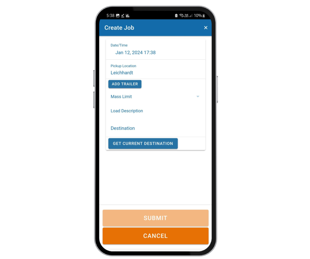 Create job screen in the mobile mass management app